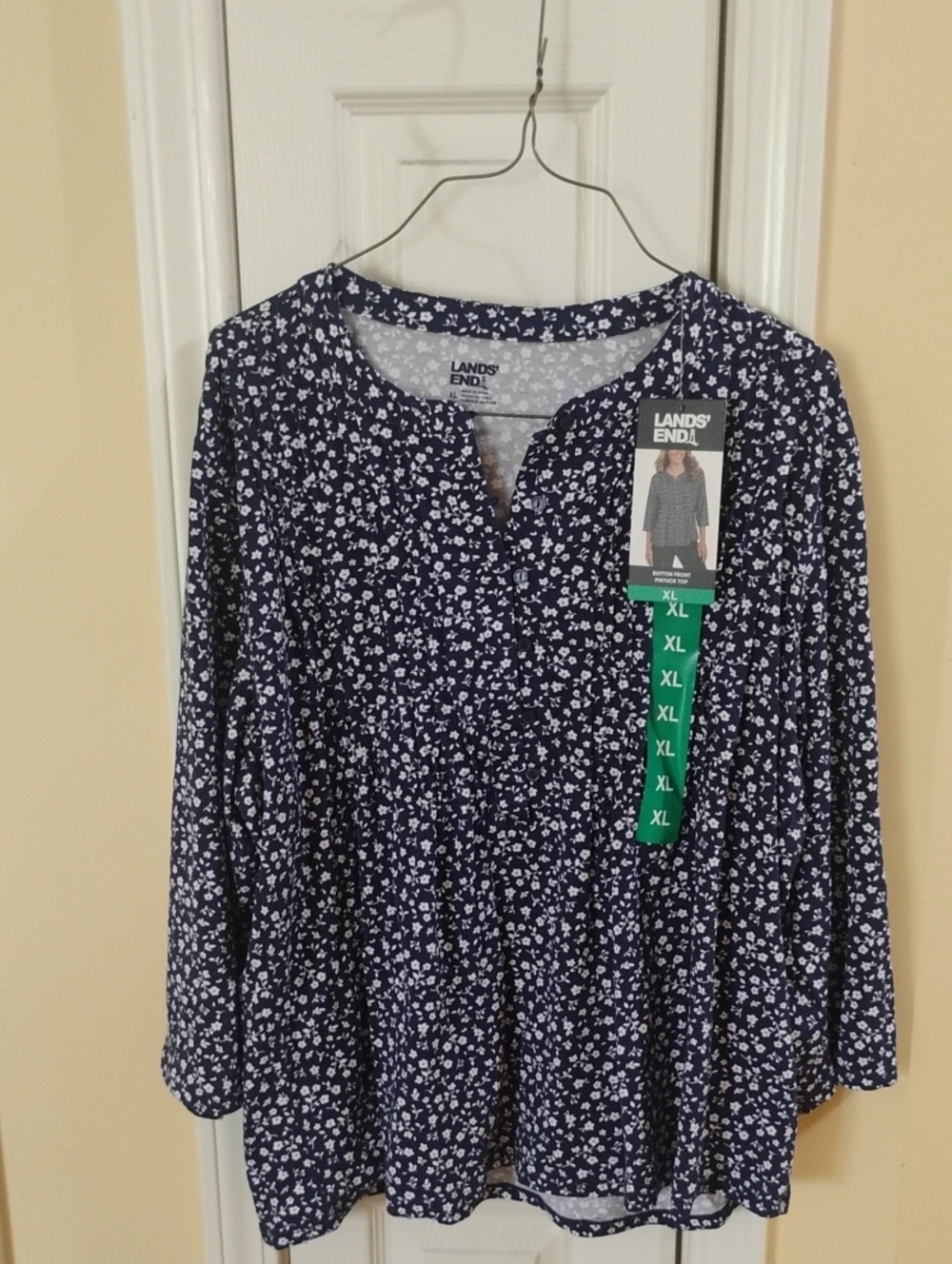 Lands' End Navy and White Floral Tunic Blouse